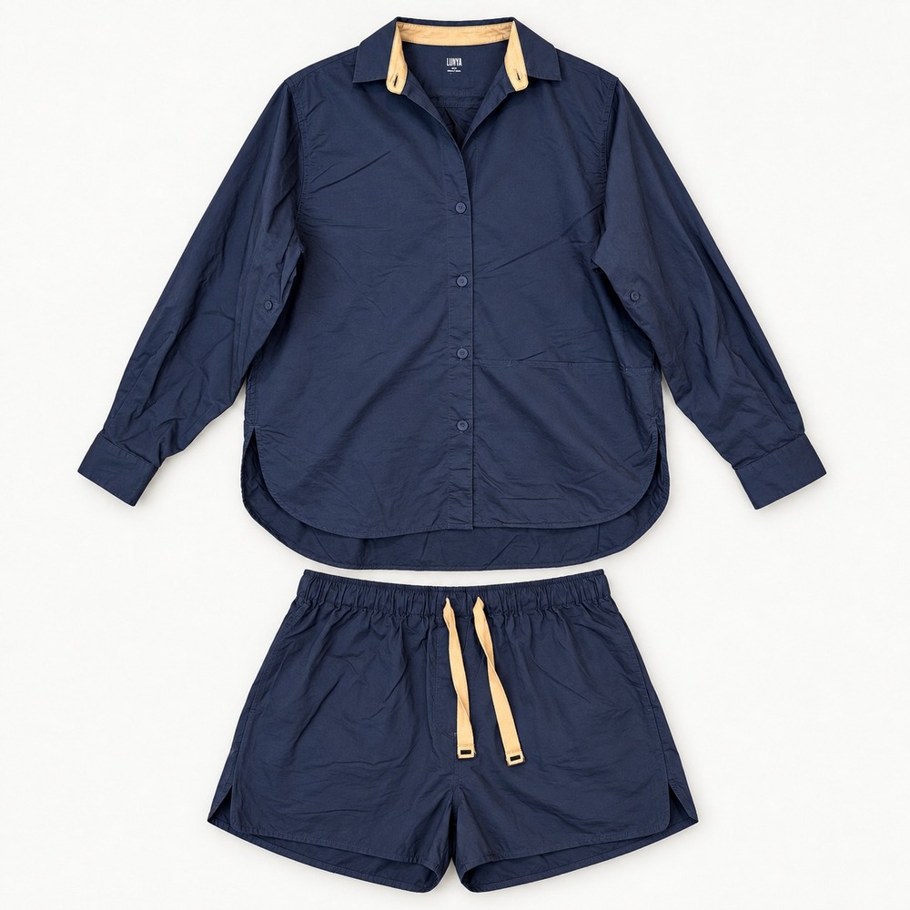 Lunya Airy Cotton & Silk Curve Hem Pajama Top Shorts Set Womens Small Navy 2pc